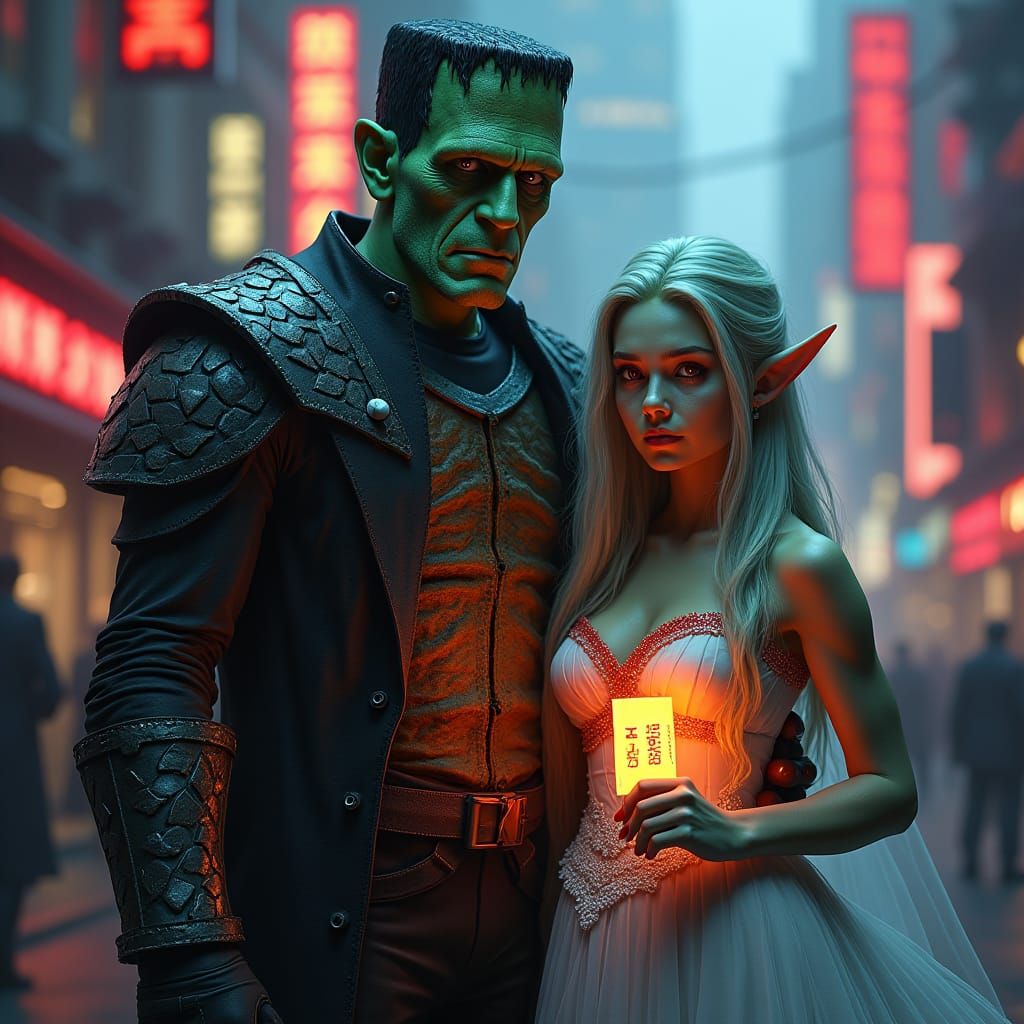 Frankenstein and Elf Couple in Neon Cityscape