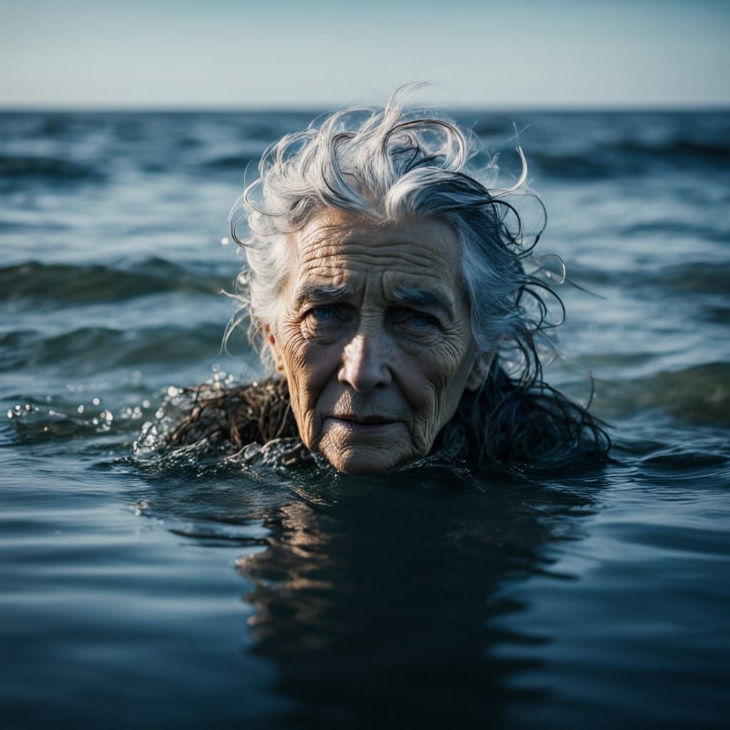 Grey Haired Elder Woman Emerges from the Depths