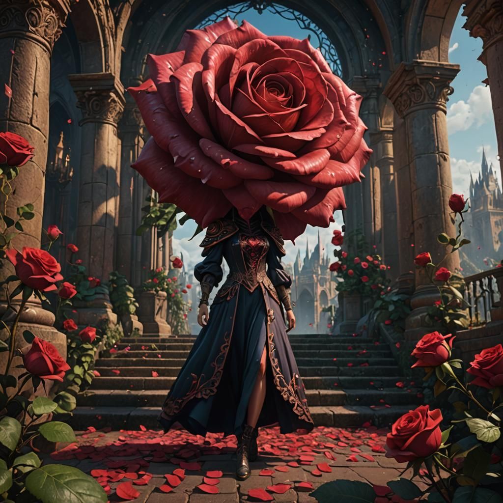 Elegant Maiden Emerges from Giant Rose