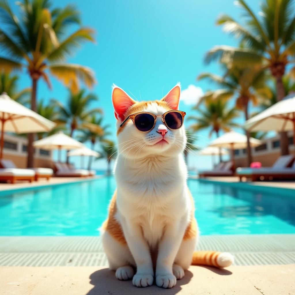 Cat with Sunglasses at Resort Pool