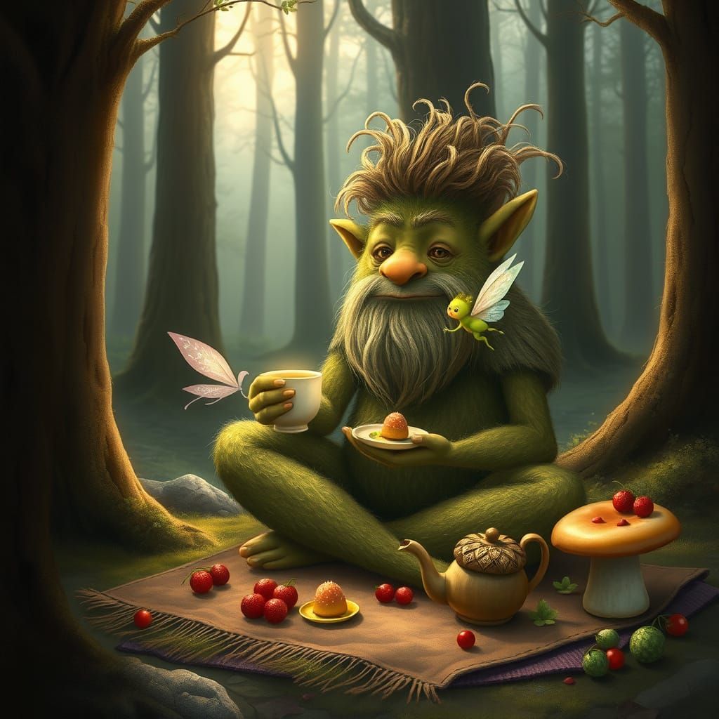 Mossy Troll and Fairy Enjoying a Whimsical Forest Picnic