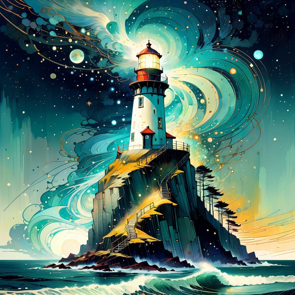 Cosmic Lighthouse: Hyperrealistic Digital Glitch Art