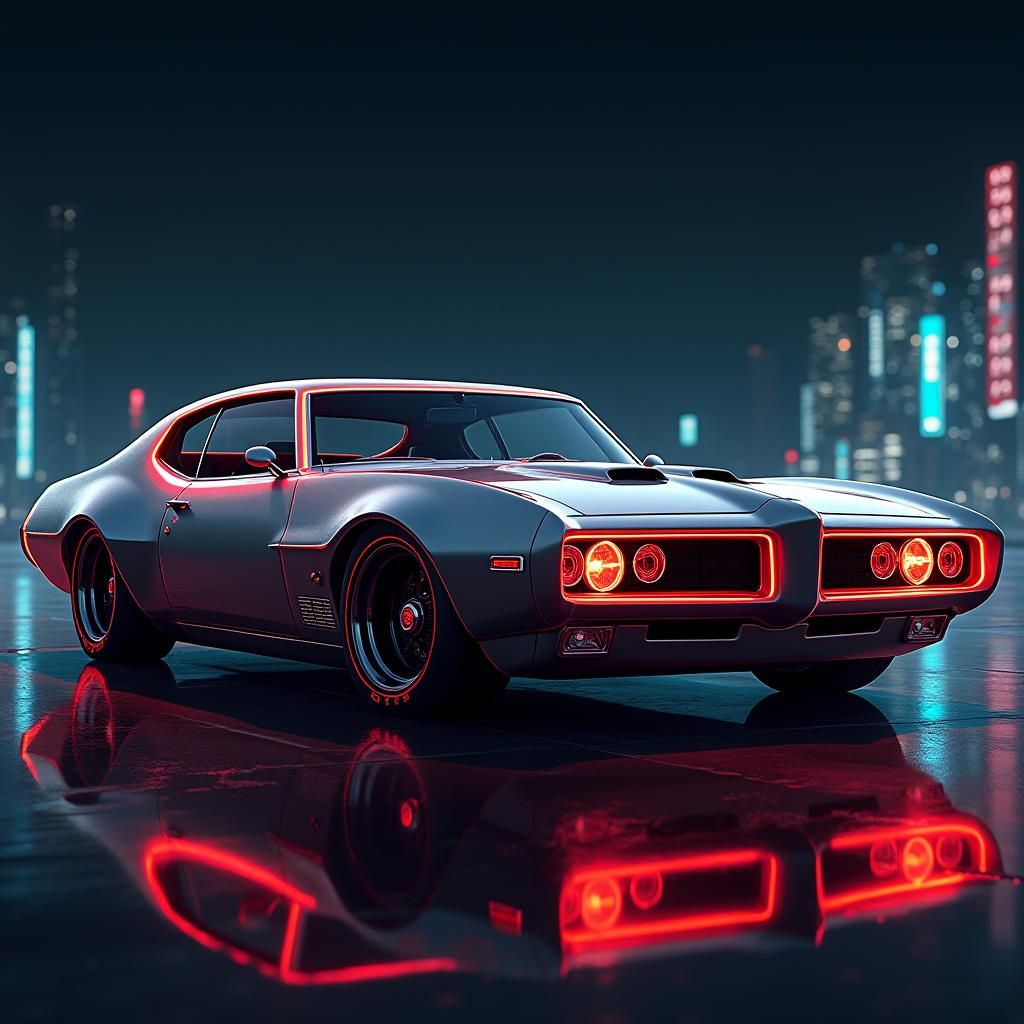 Futuristic 1969 Pontiac GTO Concept Car in Cyberpunk Style