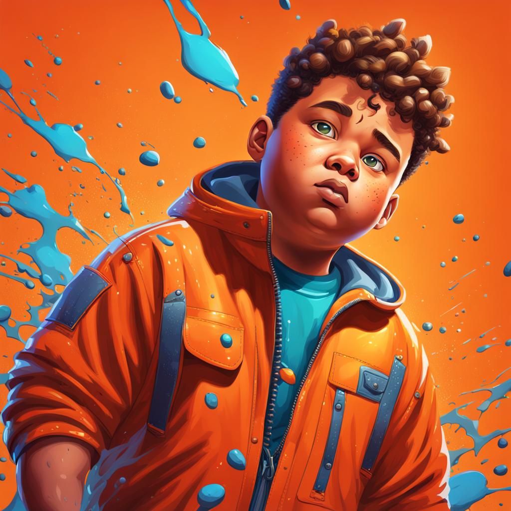 Cartoon Kid in Orange Jumpsuit: Hyperrealistic Splash Art