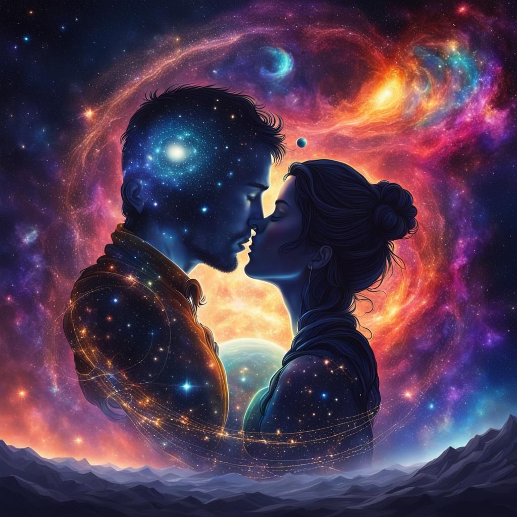 Romantic Kiss Between Universe and Infinity in Fantasy Style