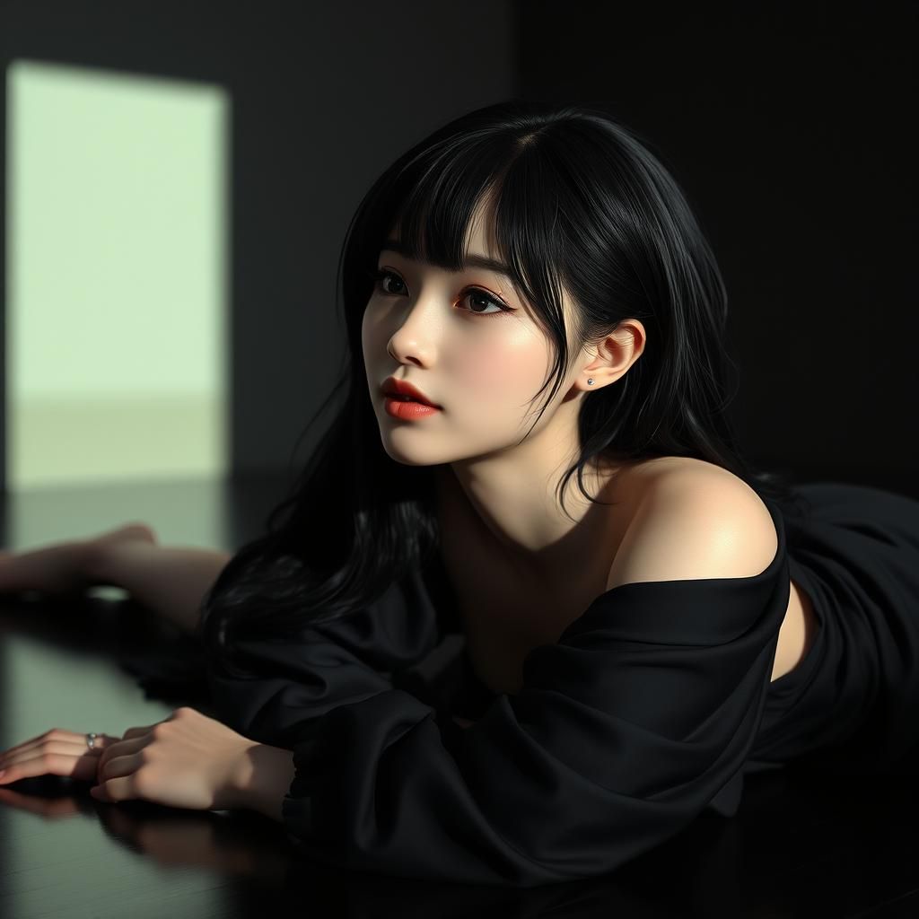 Luminous Woman in Black: Hyperrealistic 3D Anime Art