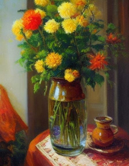 Yellow Dahlias in Glass Vase, Impressionist Style
