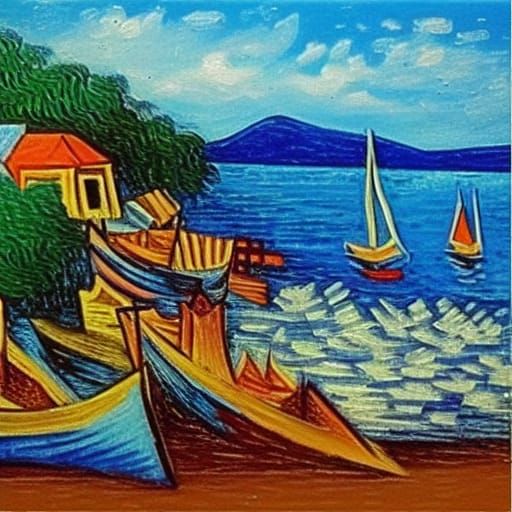 Haitian Fishing Village in Gouache Bokeh Style