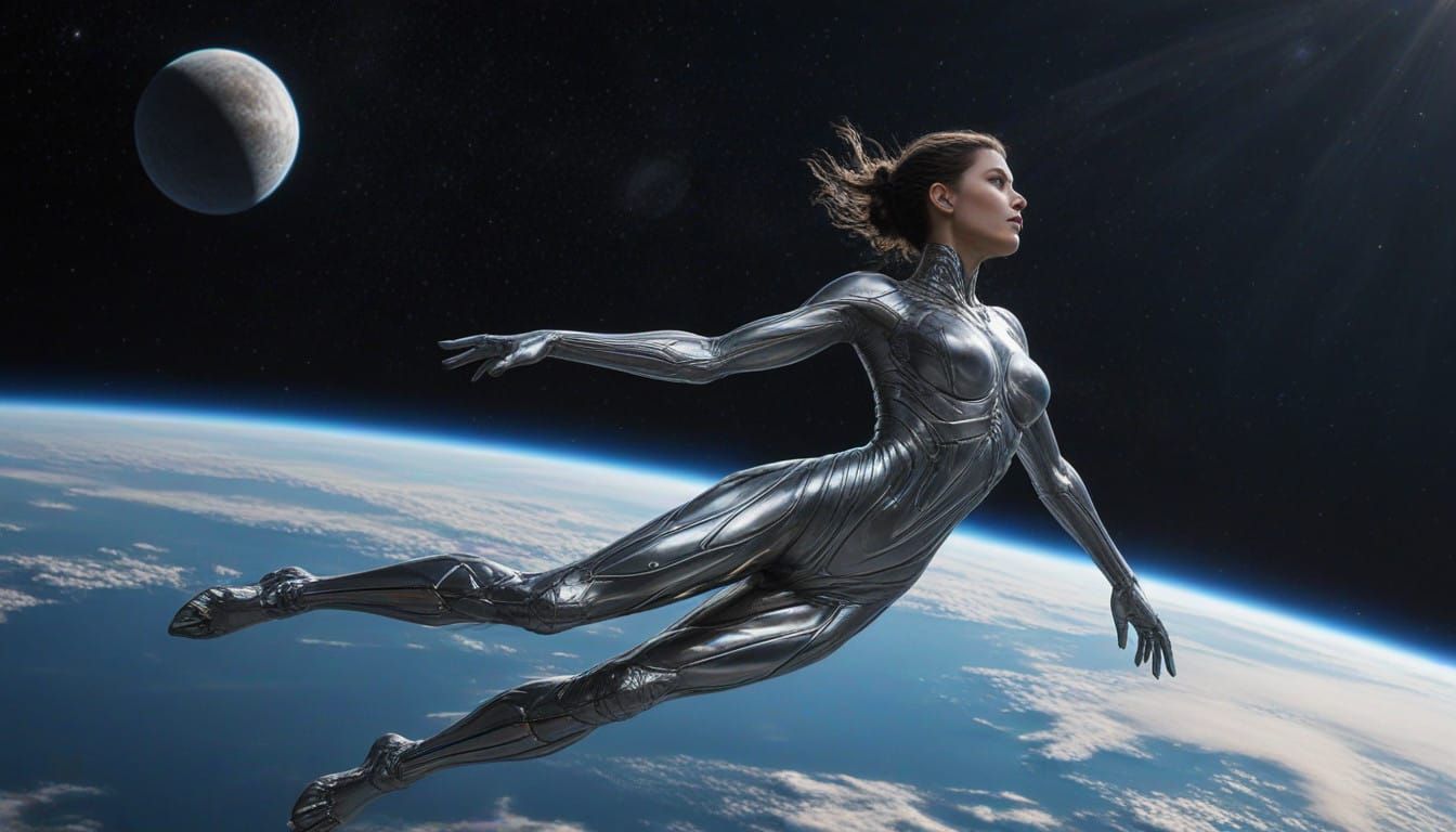 Gynoid flying above Earth