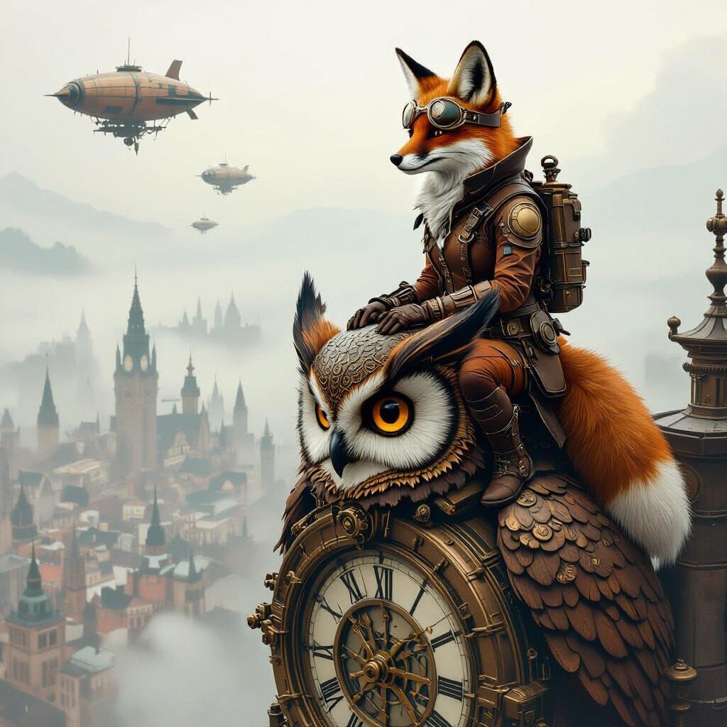 Steampunk Fox on Clockwork Owl Overlooking Victorian City