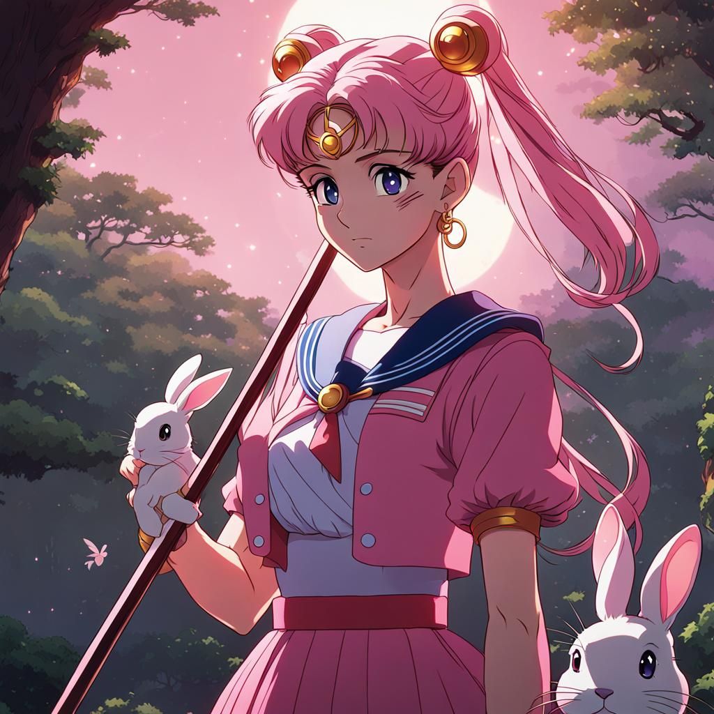 Sailor Moon with Rabbits: Ghibli-Inspired Anime Art