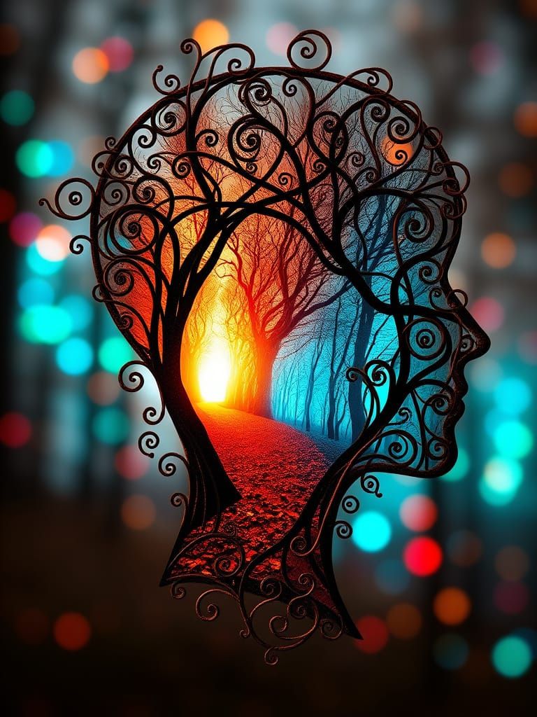 Ethereal Metal Silhouette with Dreamlike Forest