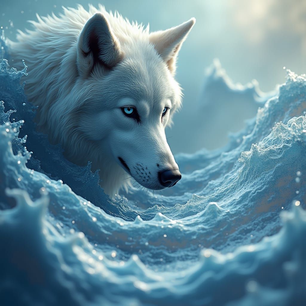 Wolf Face Carved from Water: Dreamlike Digital Art