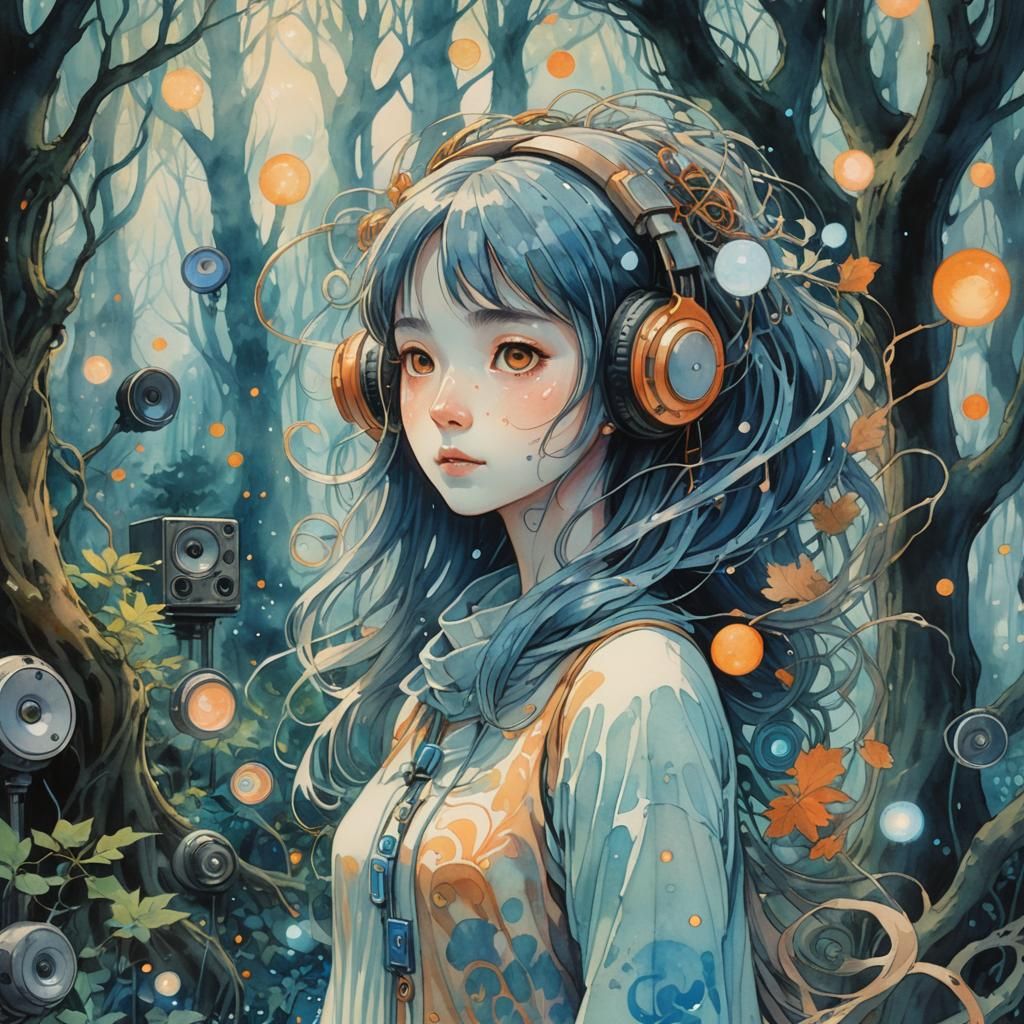Ghostly Girl with Speakers in Studio Ghibli Style