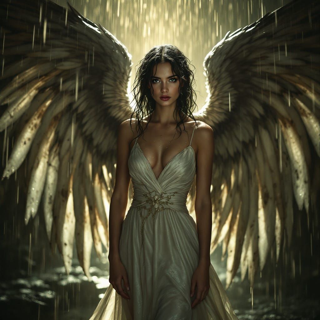 Ethereal Angel with Dirty Wings in Cinematic Lighting