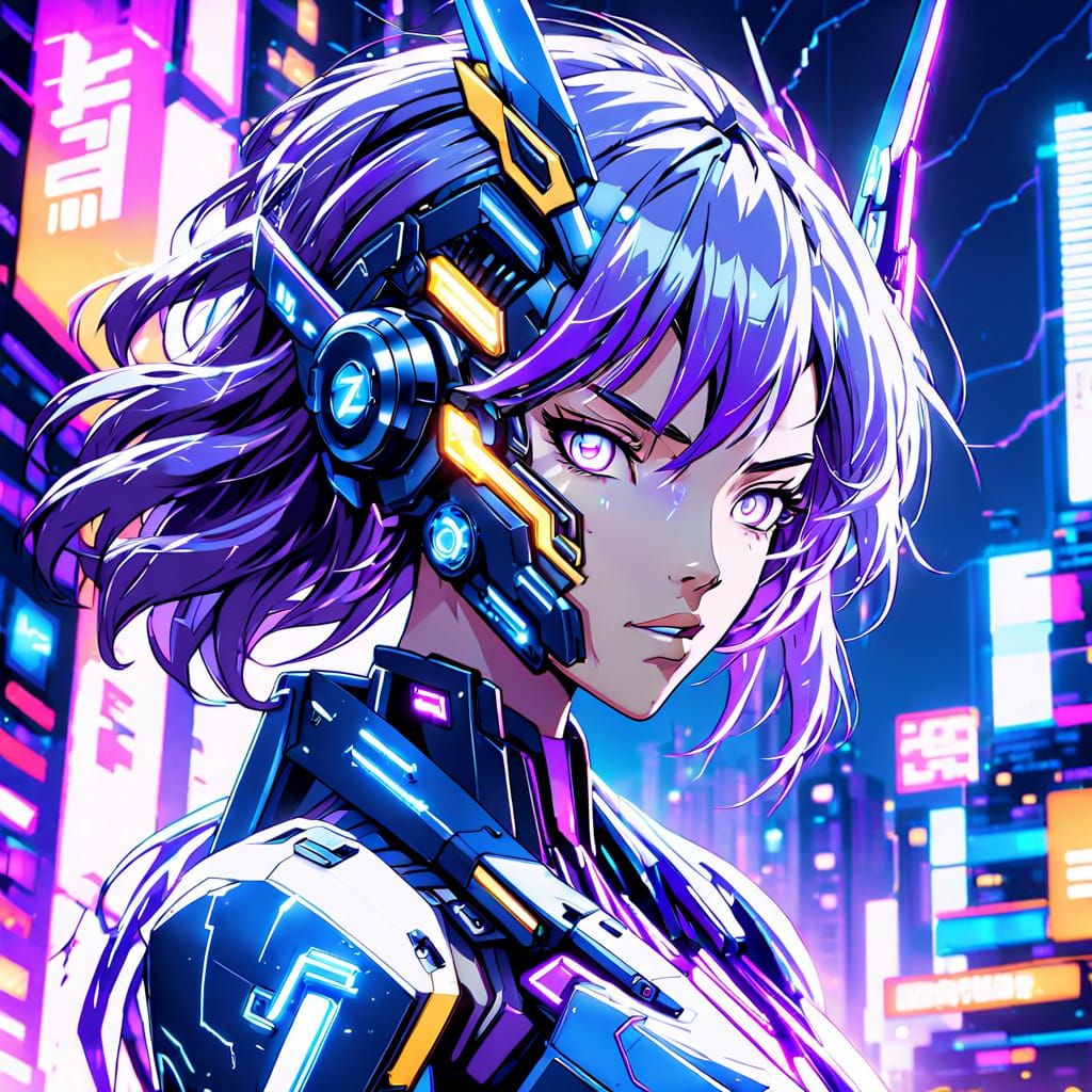 Anime Girl in Violet Lightning Mech Suit