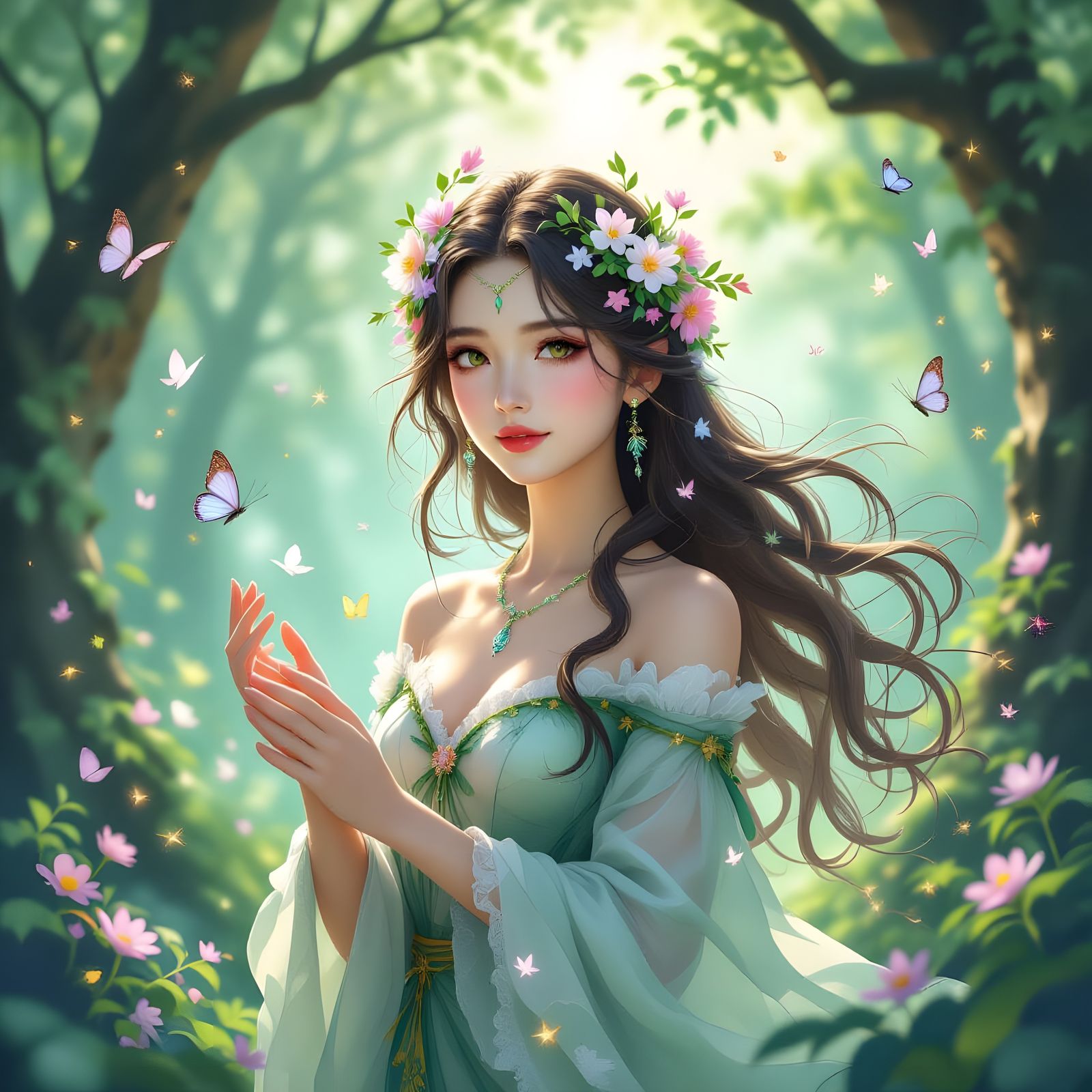 Luminous Forest Spirit in Digital Watercolor Style