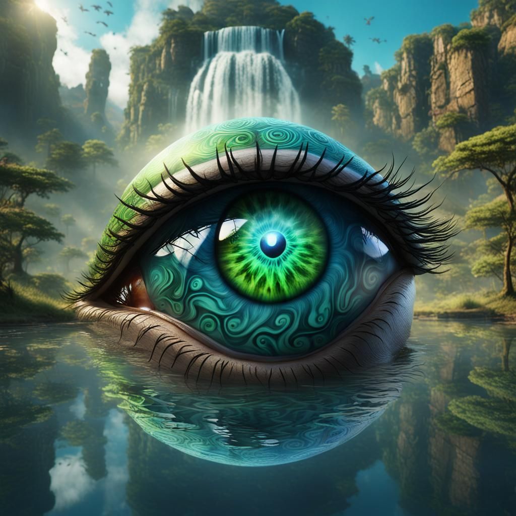 Eye Reflecting African Animals and Waterfall