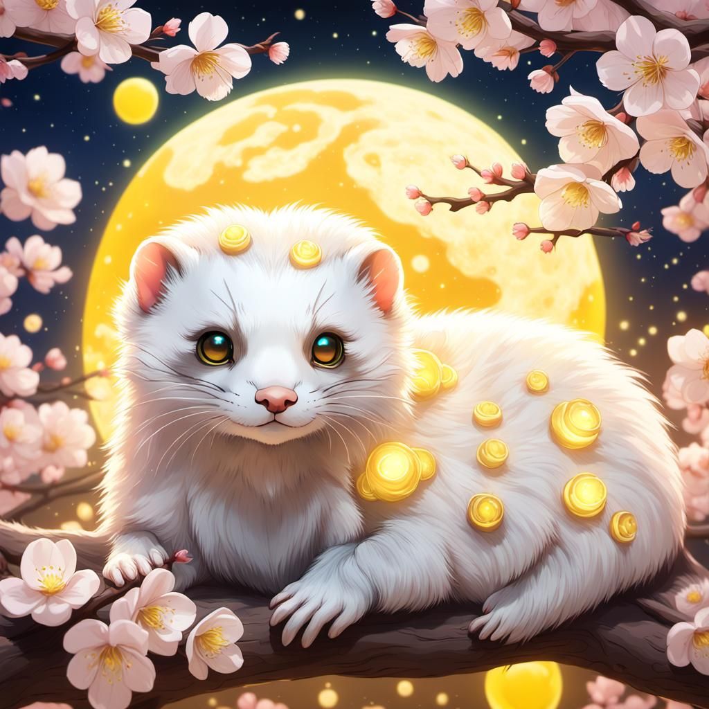Serene Anime-Inspired Ferret in Cherry Blossom Paradise