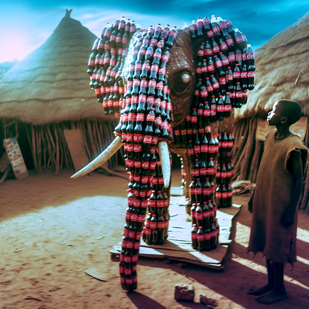 African Boy and Coke Bottle Elephant Sculpture