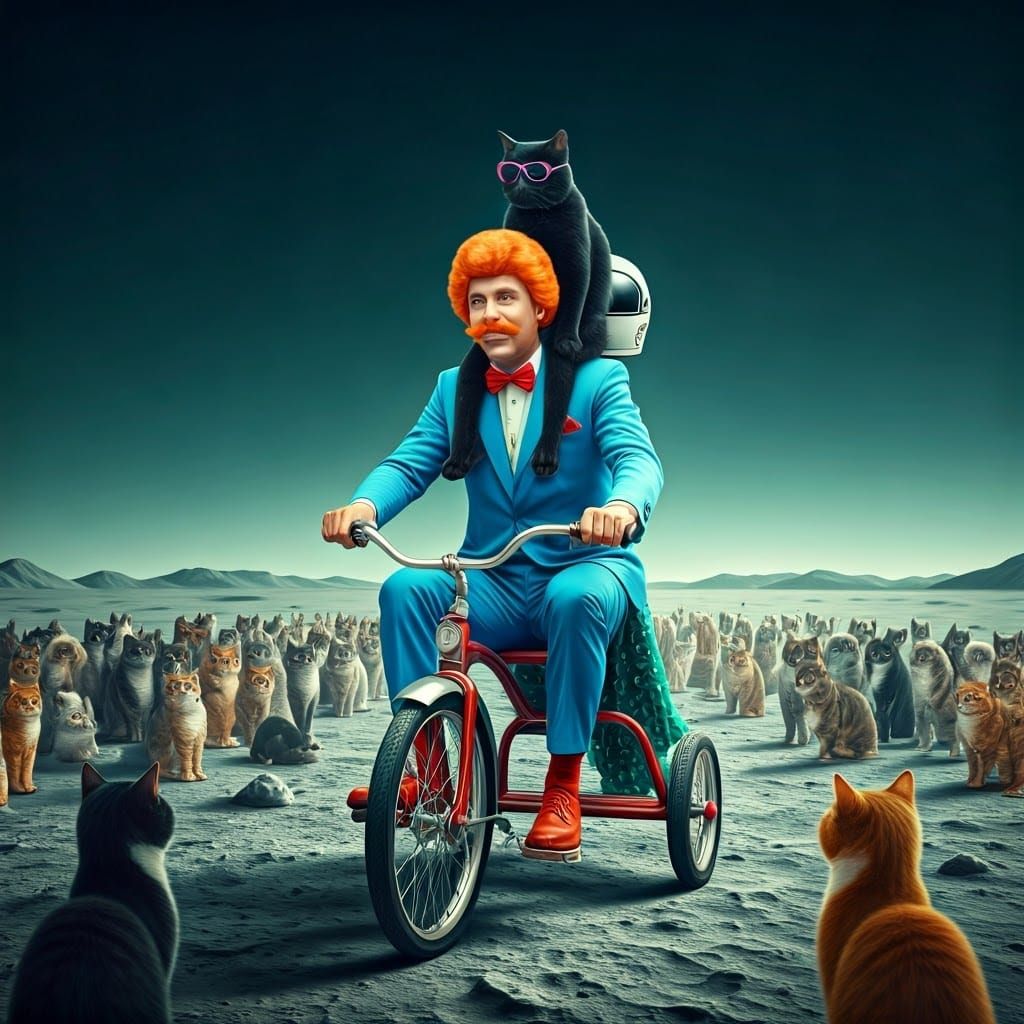 Comical Gentleman Rides Tricycle on Moon