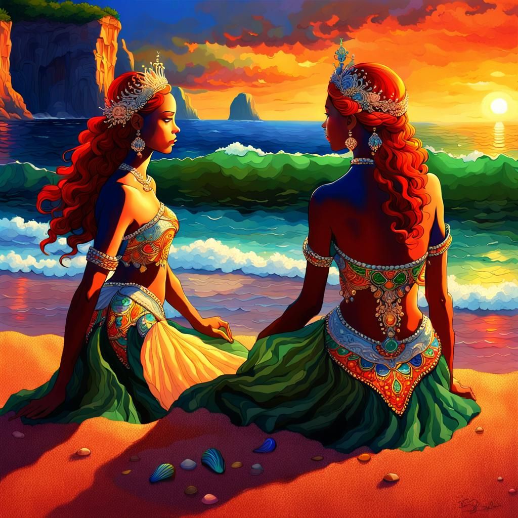 Princesses on a Vibrant Sunset Beach