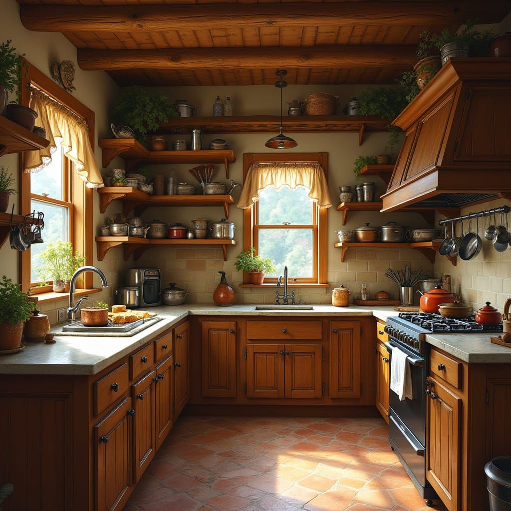 Warm Traditional Kitchen with Copper Utensils and Wooden Acc...
