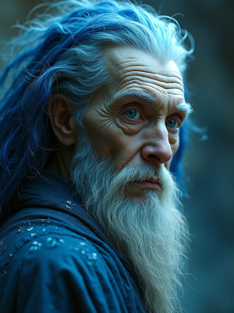 Mystical Sage with Mesmerizing Blue Eyes and Vibrant Blue Ha...