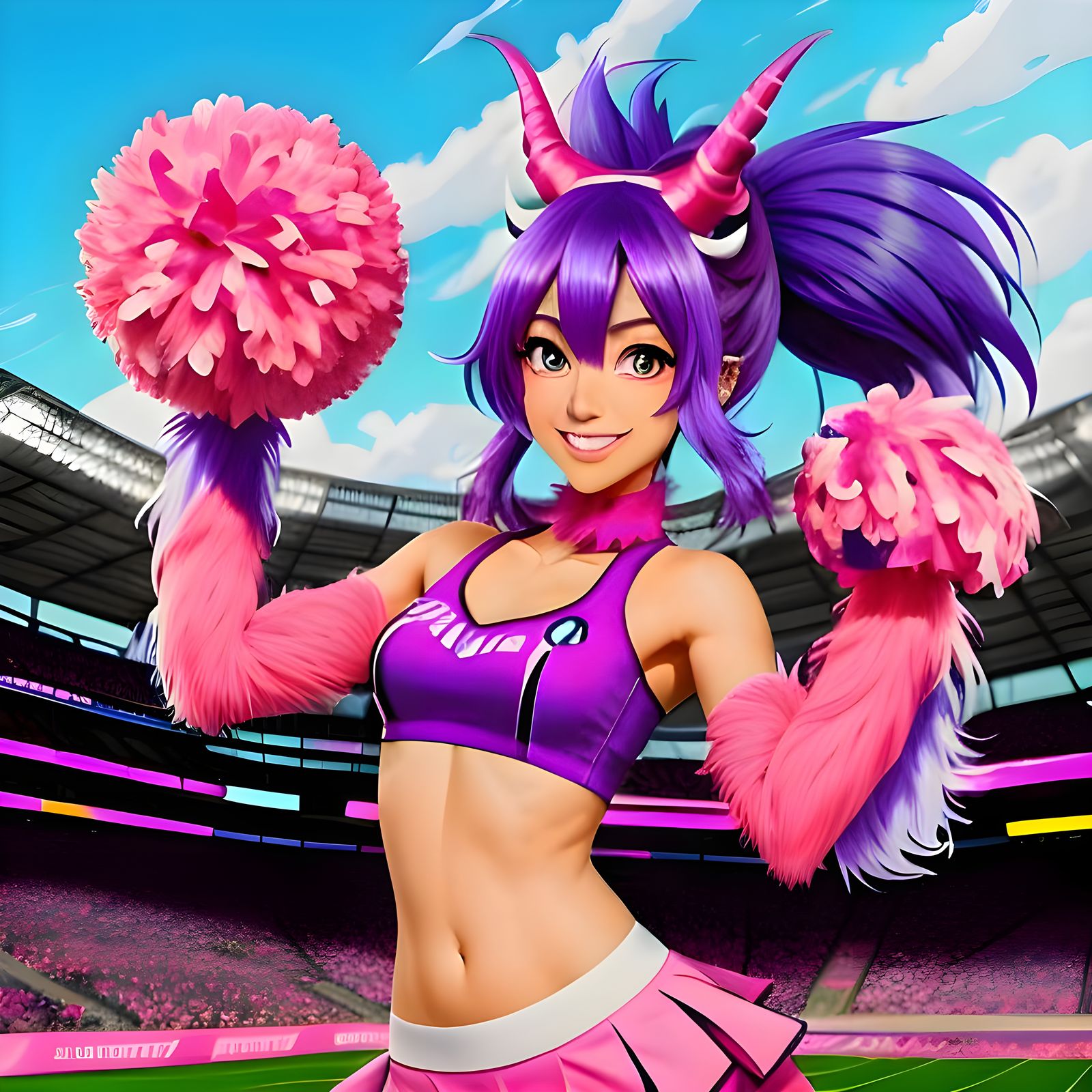 Vibrant Monster Cheerleader with Horns and School Spirit