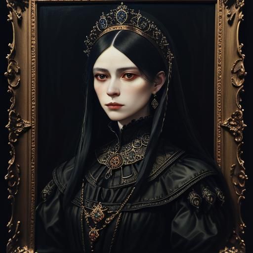Gothic portrait. Moodyng impasto Young royal lady in lavish Gothic attire with a stern expression. Medium shot. Dramatic...