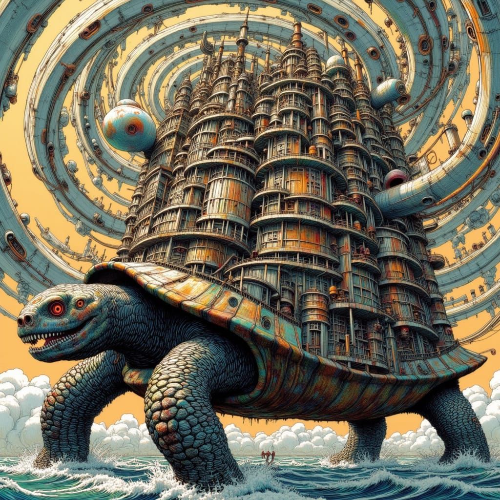 Steampunk City Inside Giant Tortoise Shell