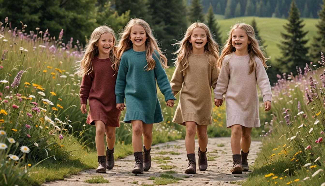 Girls Laughing in Meadow Wearing Cashmere Dresses