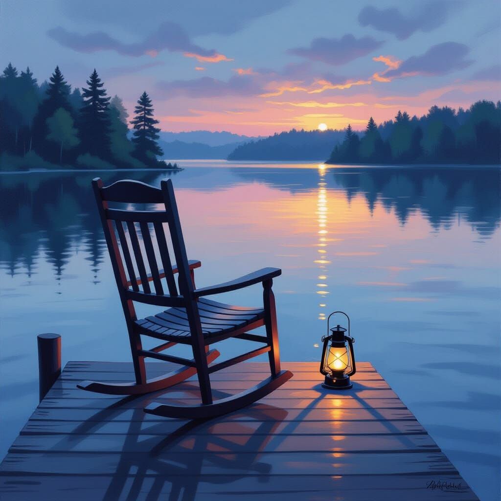 Twilight Serenity: Rocking Chair on a Glassy Lake