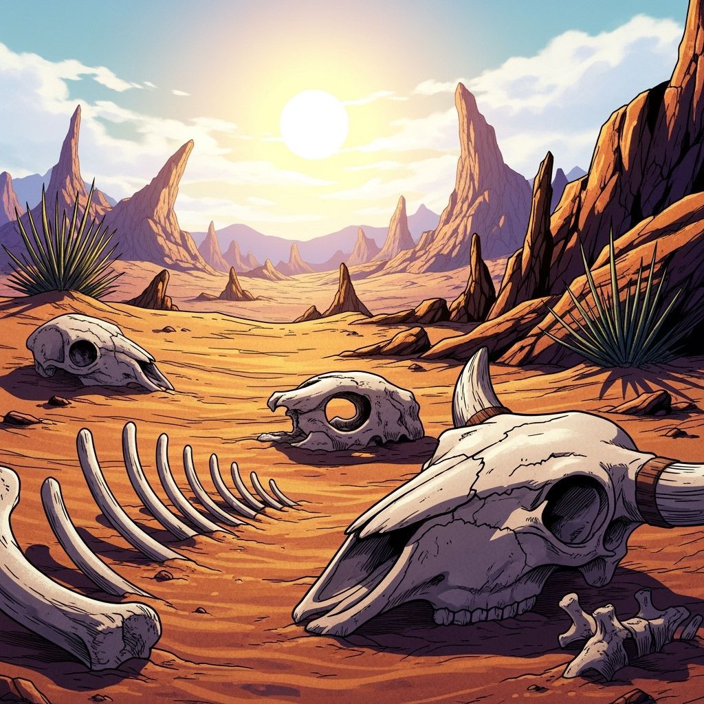 Anime Desert Landscape with Animal Bones and Harsh Sun