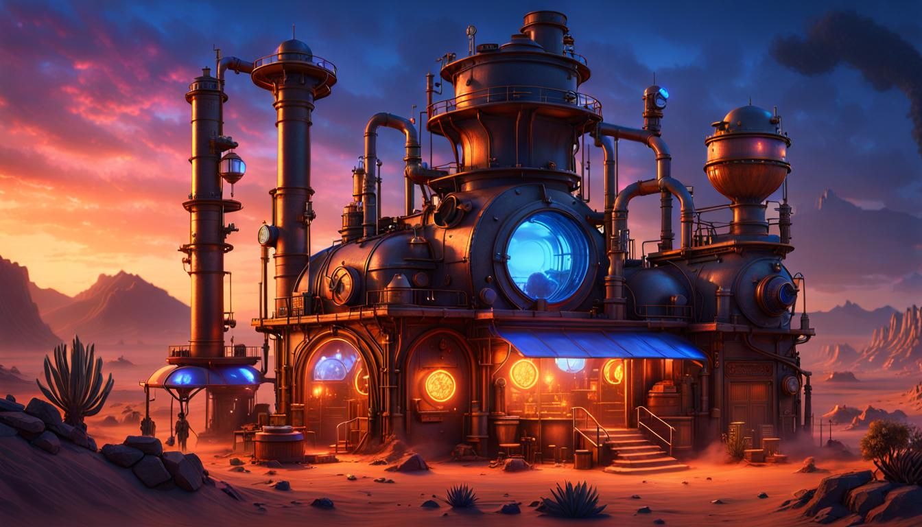 Steampunk Desert Oasis at Dusk: Detailed Matte Painting
