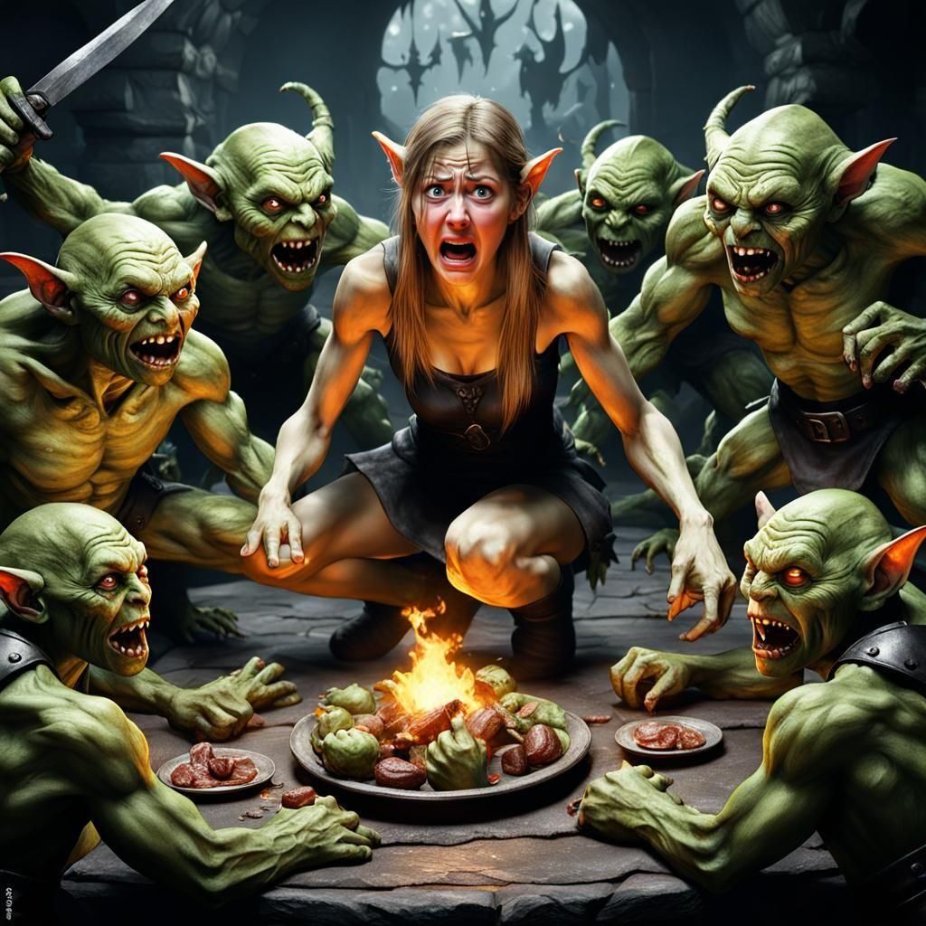 Scared Woman Attacked by Goblins in a Dark Fantasy Scene