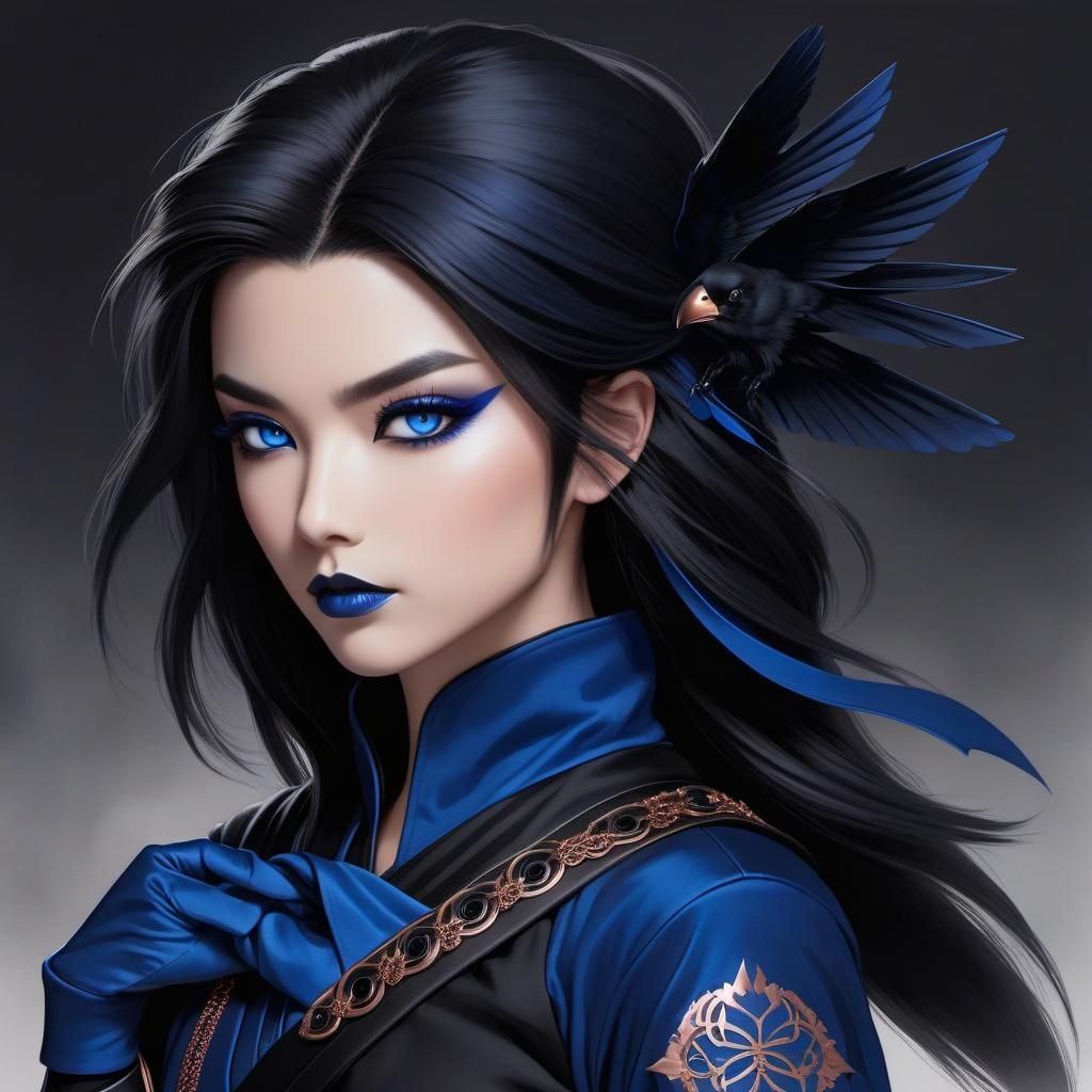 Female Ninja with Raven in Ink Wash Style