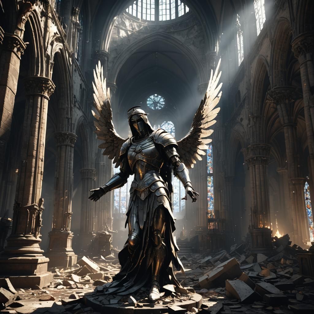 Broken Angel Statue in Dark Gothic Cathedral