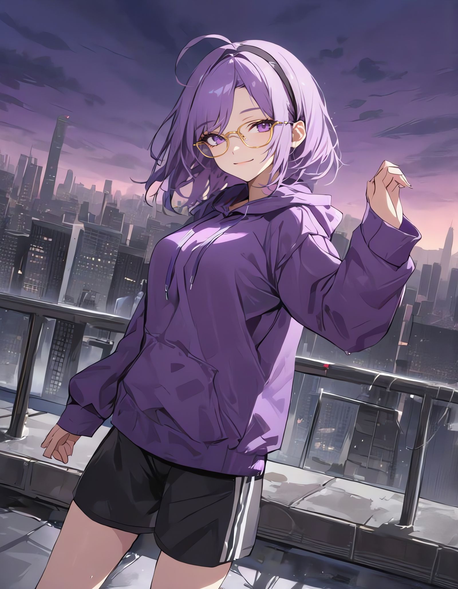 Anime Girl Dancing on Rooftop in Purple Cityscape