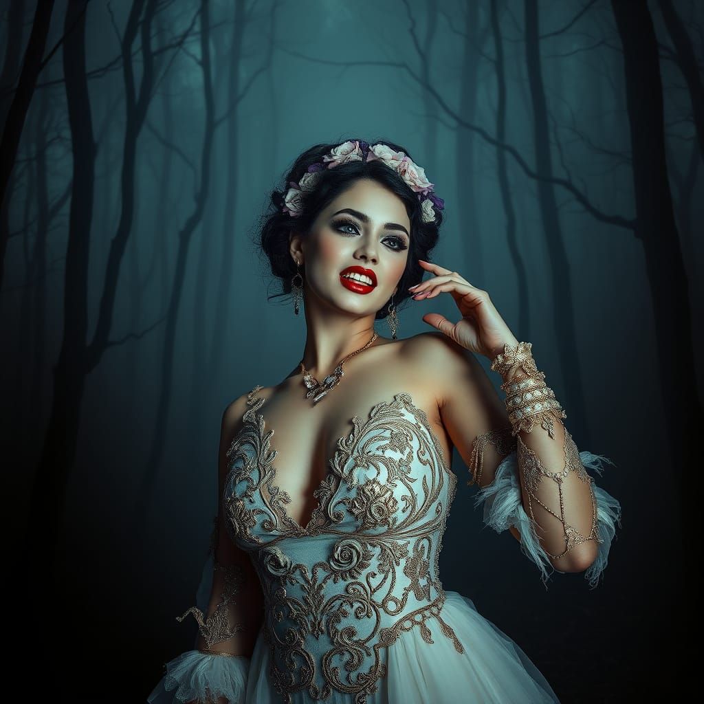 Surreal Vampire Woman in Mystical Forest