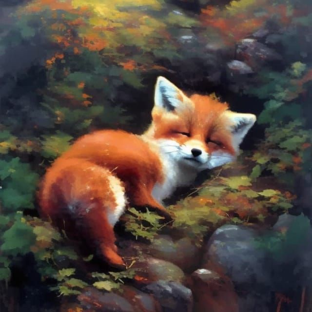 Chibi Fox Sleeping in Forest, Oil Painting