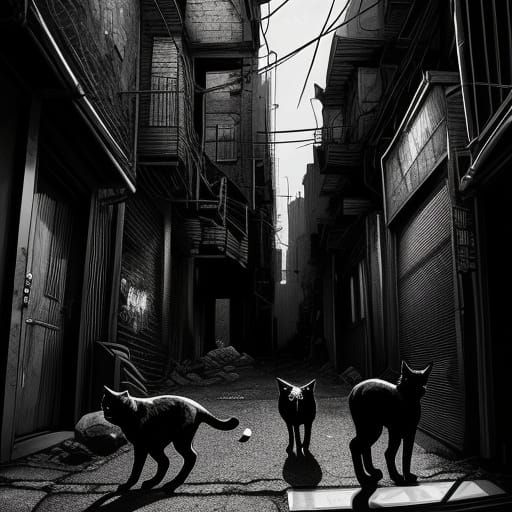 Three Cats in City Alley Comic Art
