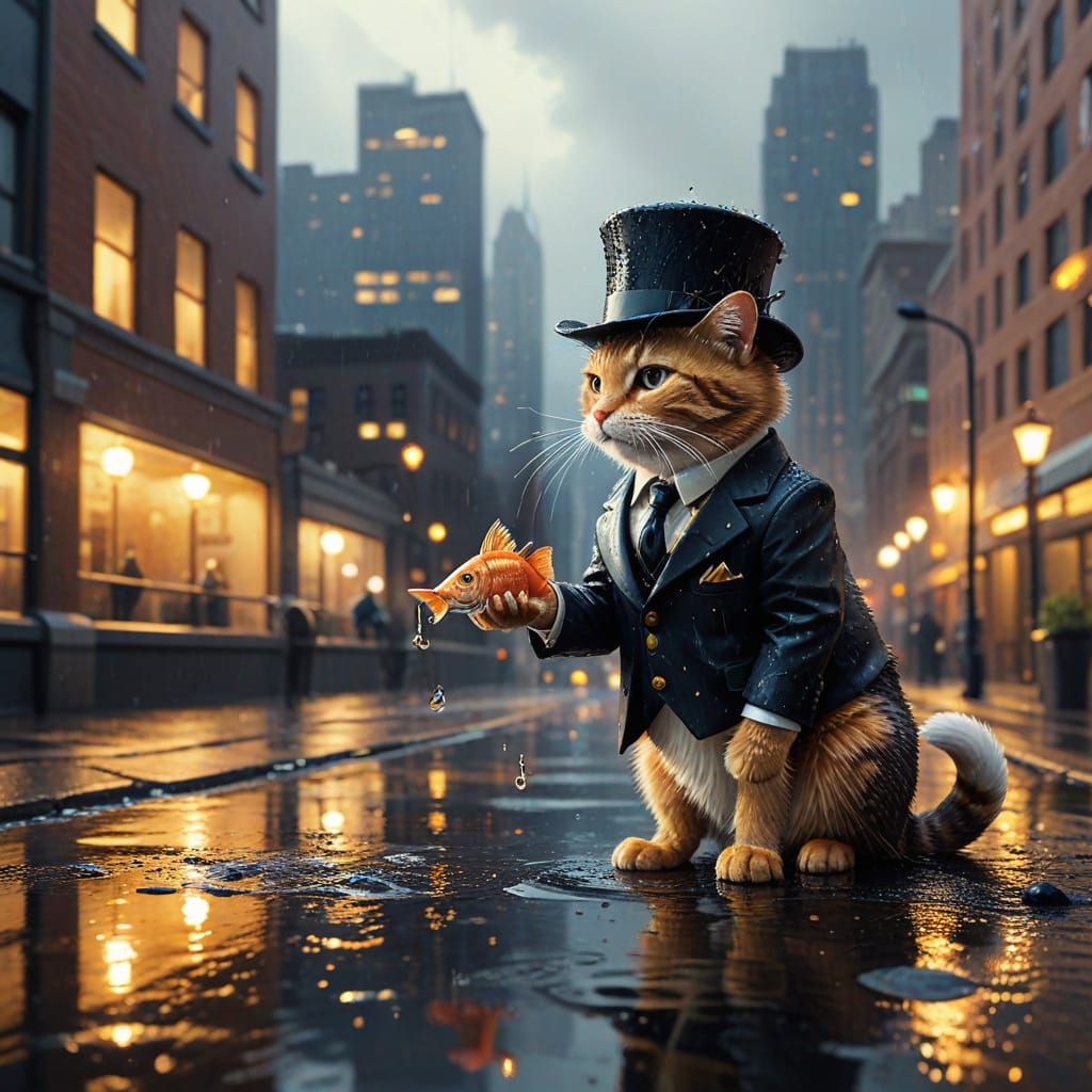 Sophisticated Cat Negotiates with Fish in Miniature Cityscap...