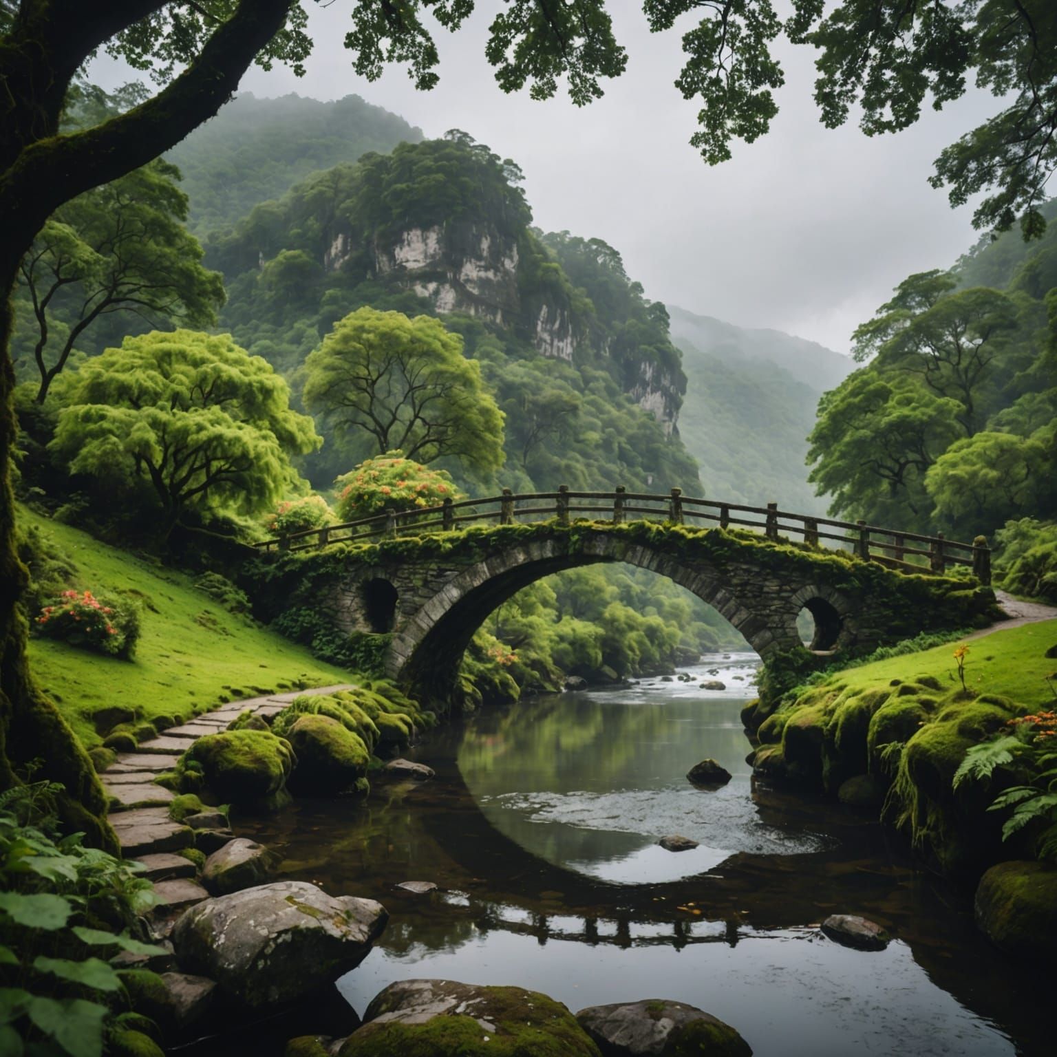 Lush Valley Stone Bridge in Foggy Landscape