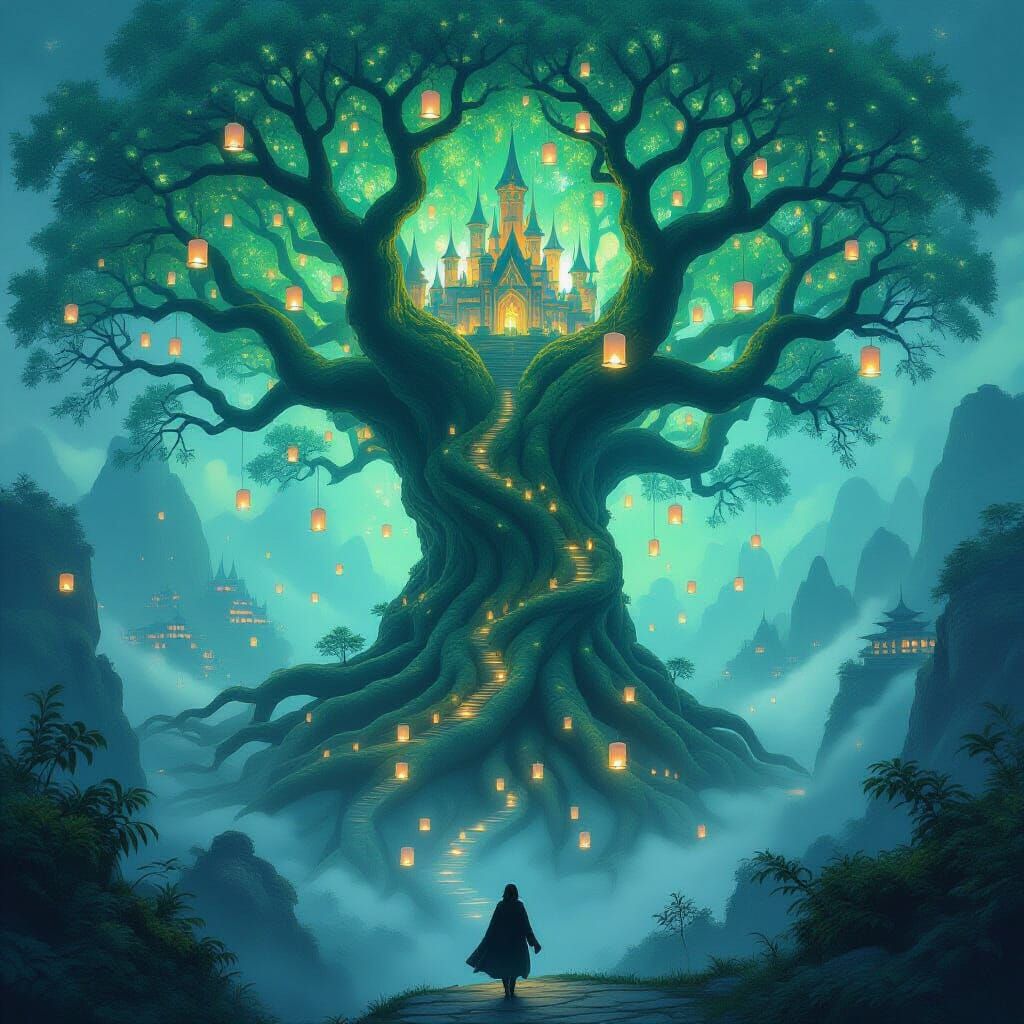Giant Tree with Glowing Leaves Over Misty Valley