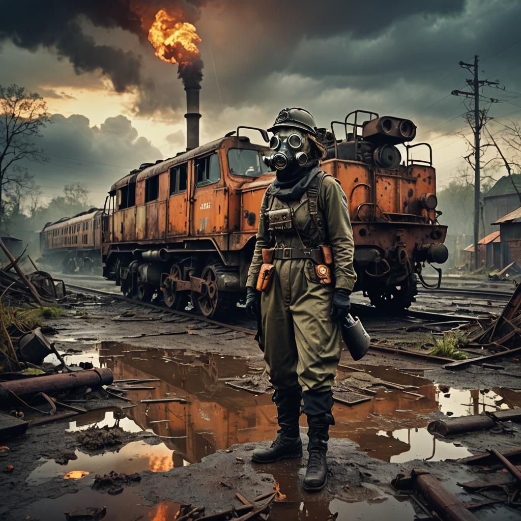 Grimdark Dieselpunk Soldier in Post-Apocalyptic Wasteland