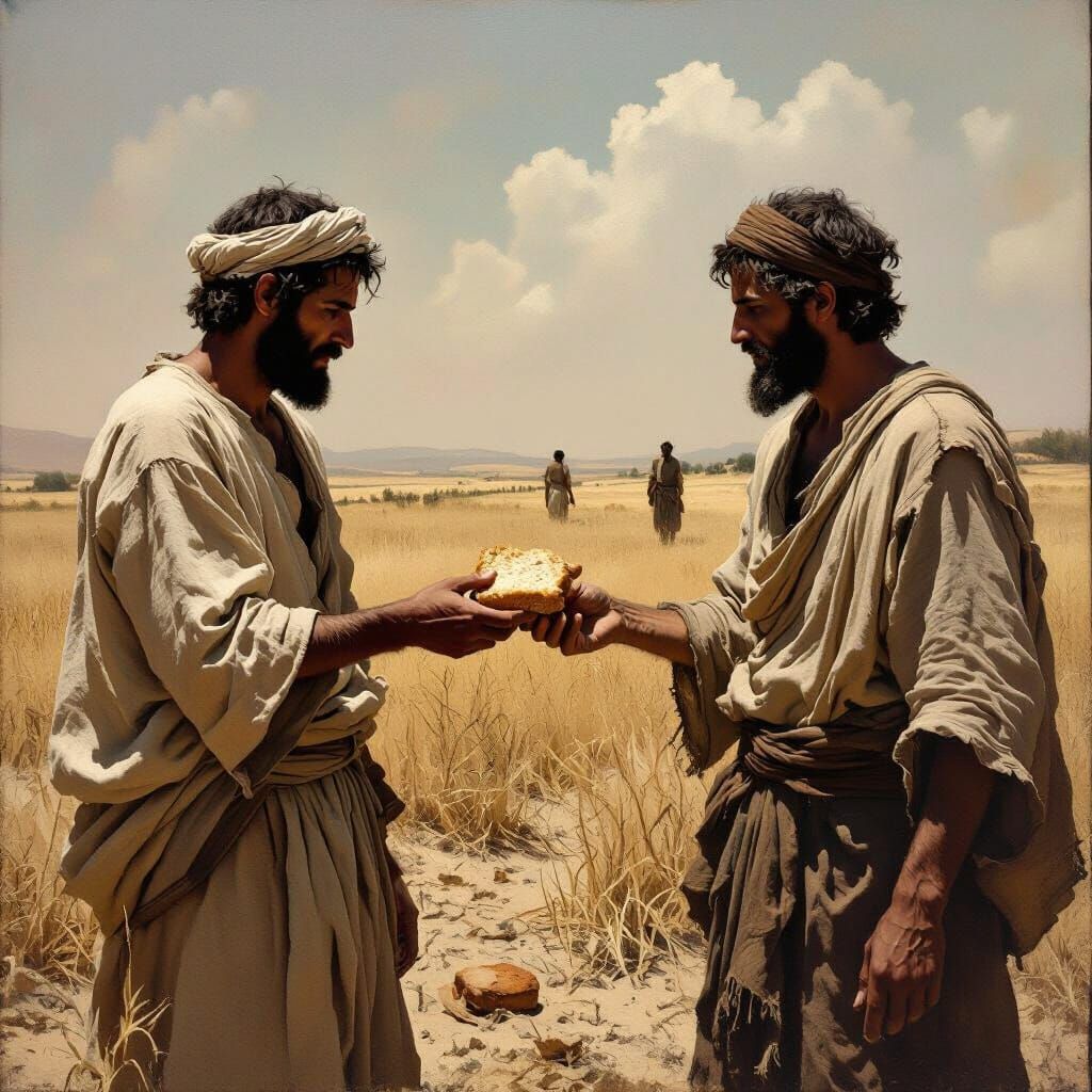 Biblical Era Men Offer Moldy Bread in Parched Field