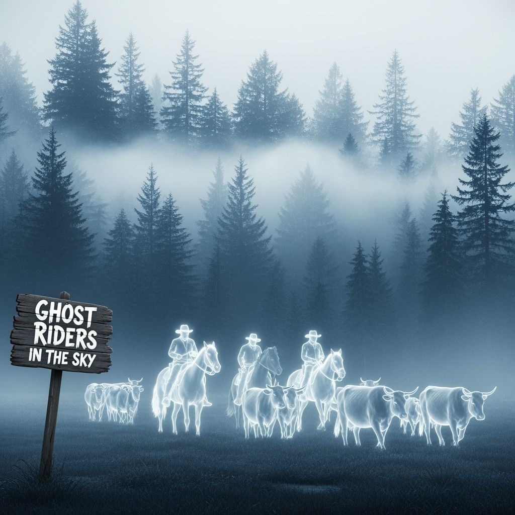 Ghostly Cowboys Herding Cattle in Cloudy Forest