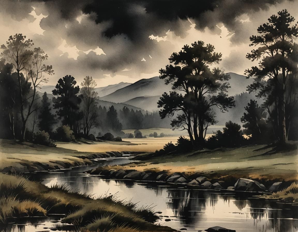 Moody Black Tone Landscape in Watercolor Style