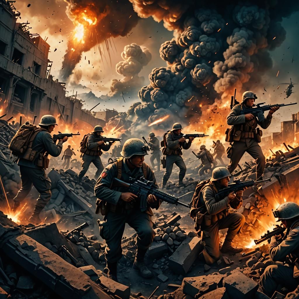 WWII Land Battle with Planes in Matte Painting Style